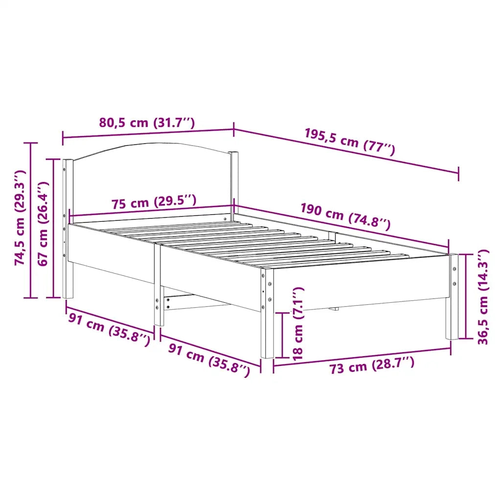 Letto senza Materasso 75x190 cm in Legno Massello Pino 842626