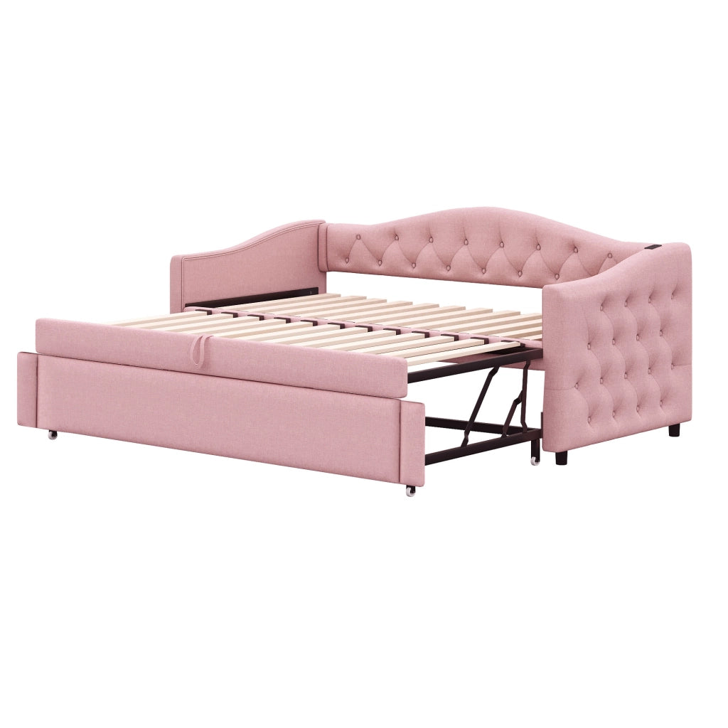 Letto singolo 90×200 cm salvaspazio estraibile con USB e rete; senza materasso; tessuto; rosa