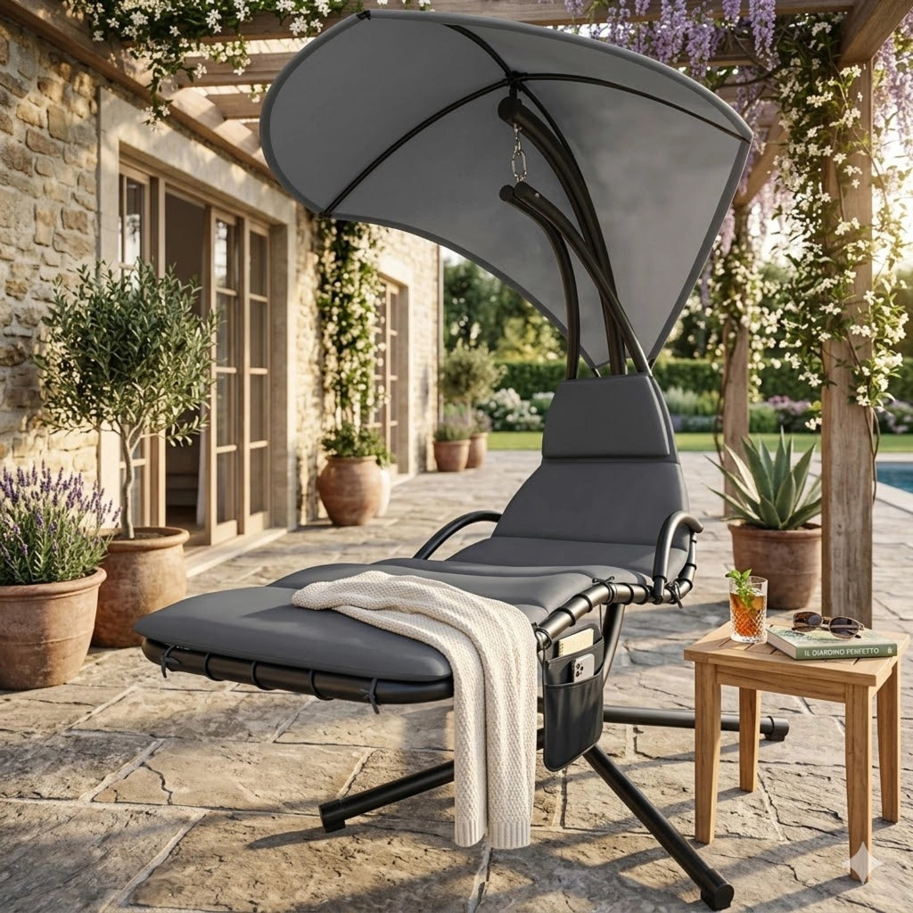 Sdraio A Sospensione Con Ombrellone Grigio E Cuscino Ergonomico Amaca Da Giardino In Poliestere Resistente Per Arredamento Esterno Terrazzo Bordo Piscina Formato 195x132x197 Cm