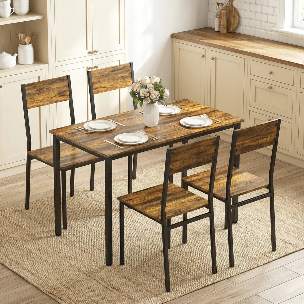 Tavolo da pranzo allungabile con 4 sedie ¨C Minimal ¨C Legno effetto rovere, gambe in metallo, 90x200 cm