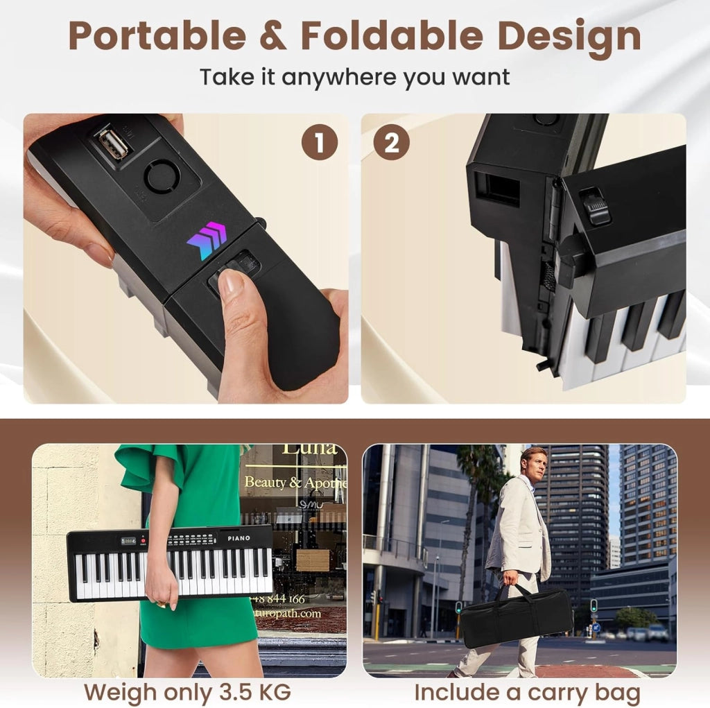 Pianoforte Digitale 88 Tasti Pieghevole, con MIDI Wireless, Altoparlanti Doppii, 1000 Timbri E Ritmi, Tastiera Elettronica Semi-Pesato, Pianola Facile da Trasportare con Borsa (Nero)