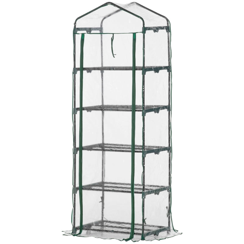 Mini serra in alluminio con 5 ripiani per la coltivazione di fiori o ortaggi, trasparente e verde, in acciaio e plastica, 69 x 49 x 193 cm