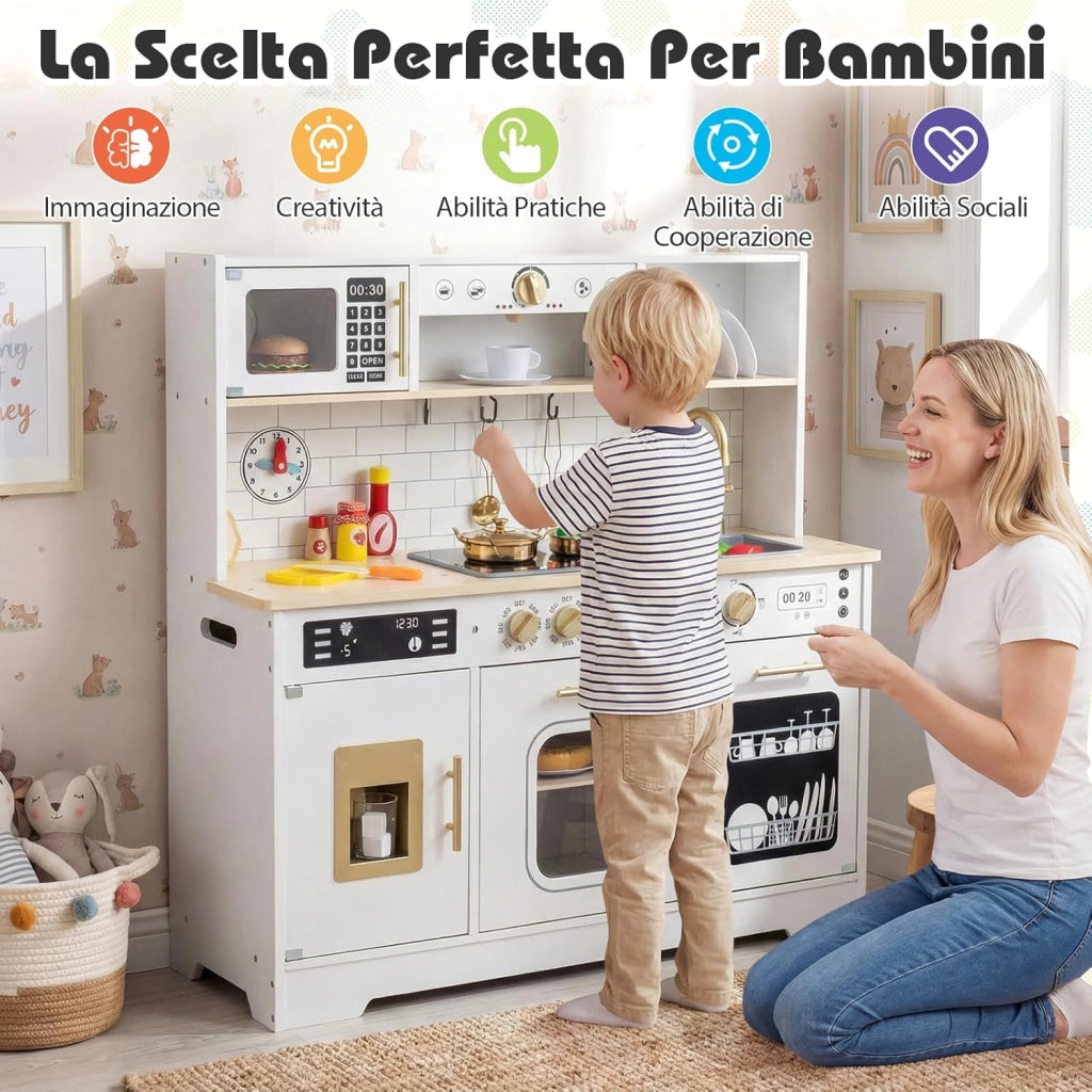 Cucina Giocattolo per Bambini, Set Cucina in Legno con Luci e Suoni Realistici, Fornelli, Lavandino, Rubinetto, Forno, Microonde e Macchina del Caffè, per Bambini 3+ Anni (Bianco)