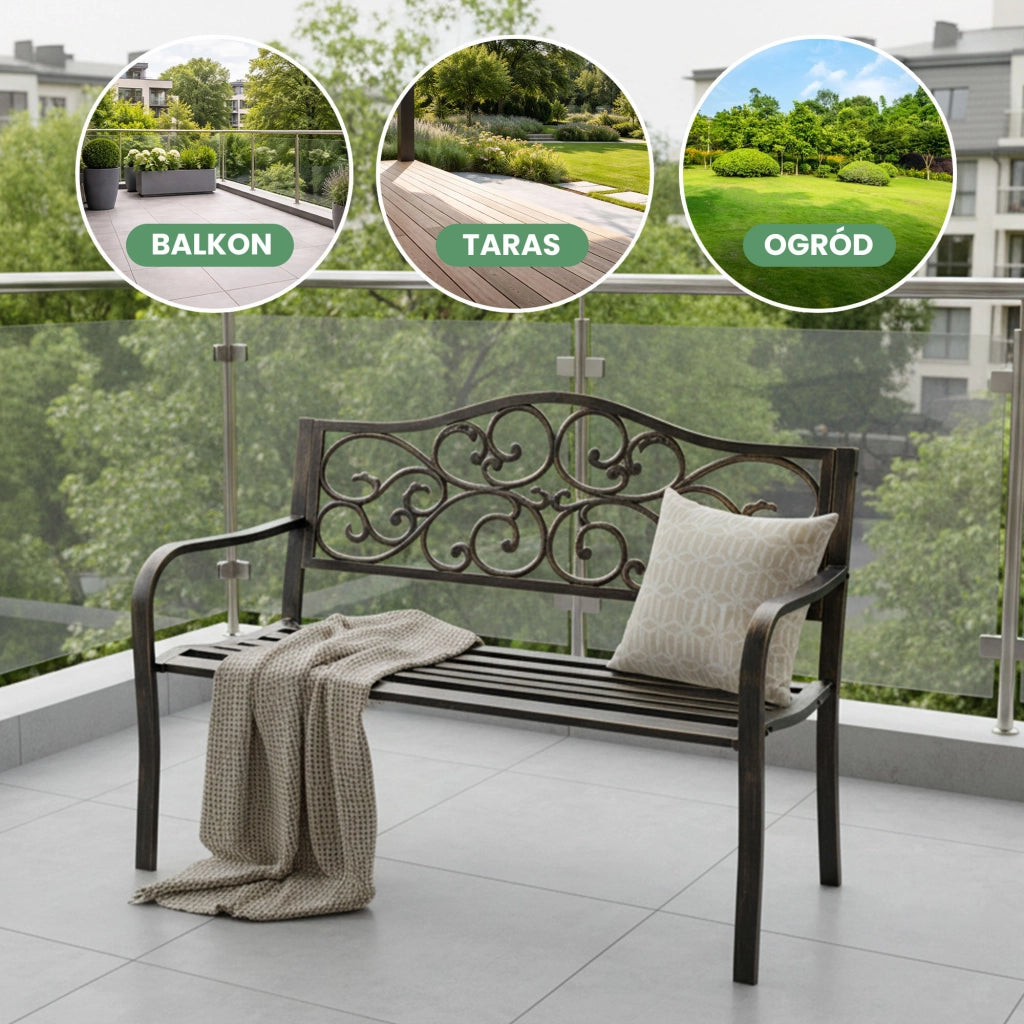Panchina da giardino bruna IRGA con gambe in acciaio e schienale in ghisa larghezza 127 cm