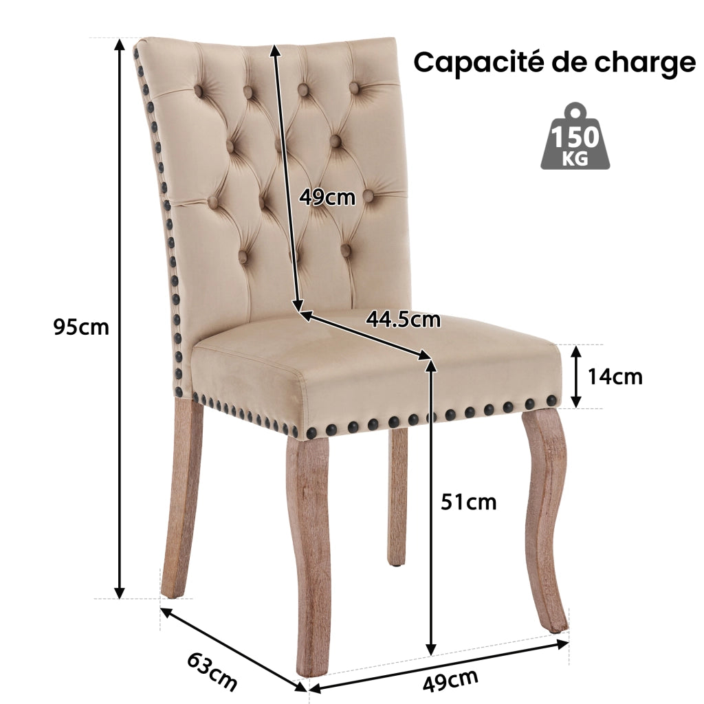 Sedia da pranzo con borchie in rame e schienale decorato in velluto con gambe in legno massiccio beige chiaro