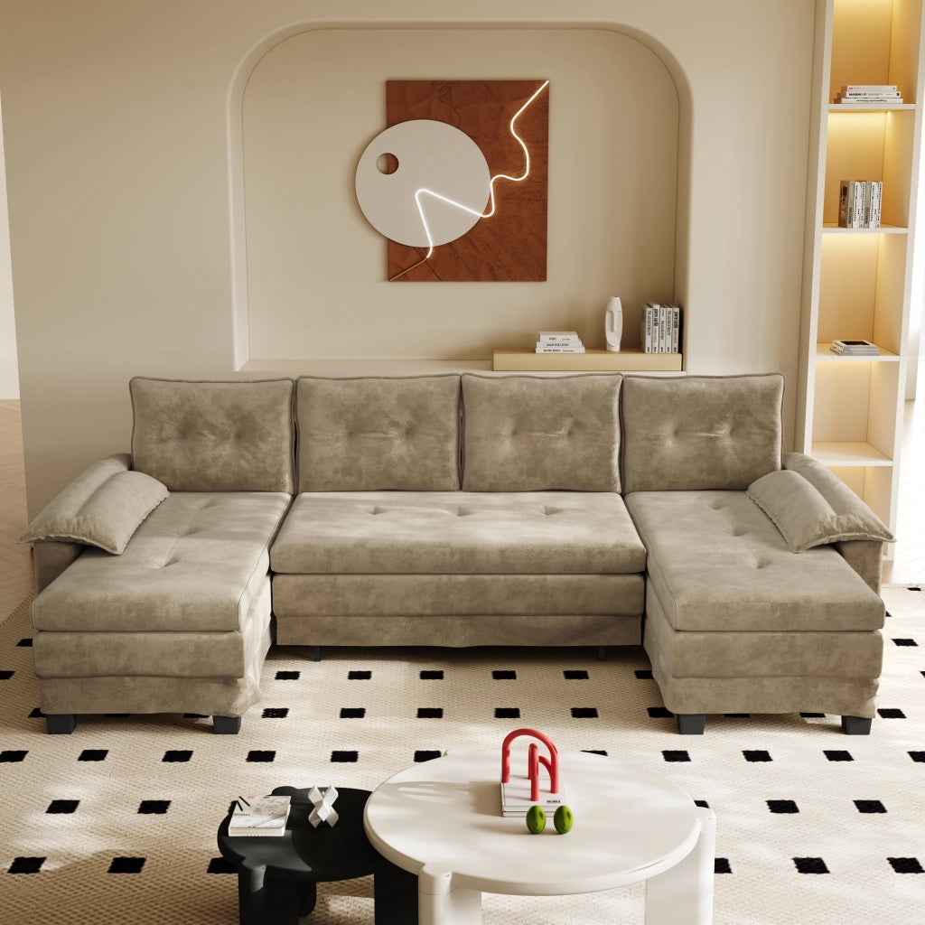Divano panoramico a U trasformabile con letto estraibile, prese USB e cuscini removibili in ciniglia cammello