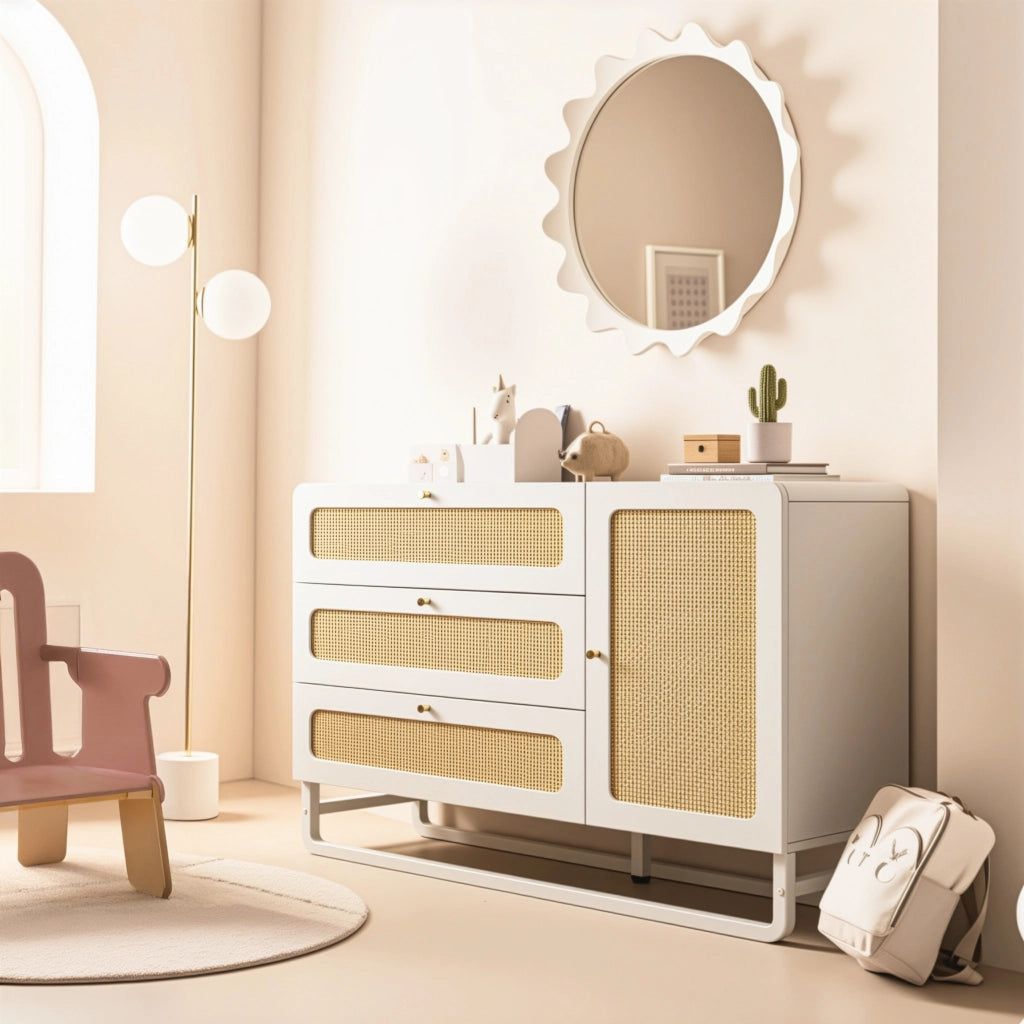 Credenza con 3 cassetti e anta con ripiani regolabili in MDF e metallo bianco 120 × 40 × 85 cm