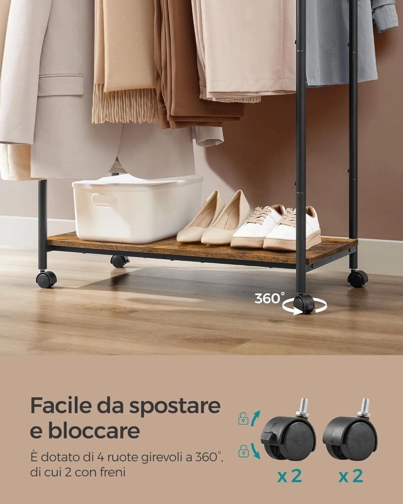 SONGMICS Stand Appendiabiti con Ruote, Attaccapanni Doppio con Ripiano, Largo 98,5 cm, Regge 100 kg in Totale, Struttura in Acciaio, Marrone Vintage e Nero Inchiostro HSR152B01