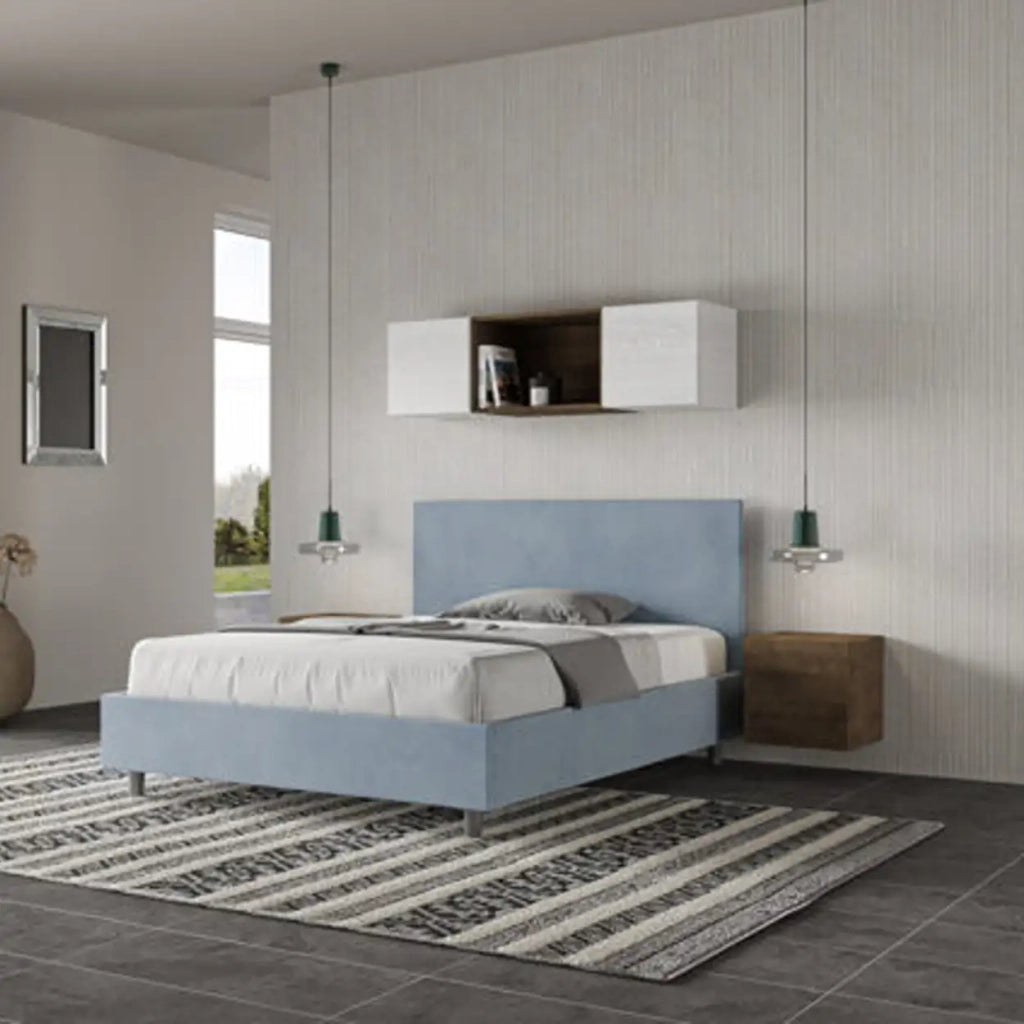 Letto matrimoniale francese contenitore imbottito 140x210 microfibra azzurro Adele