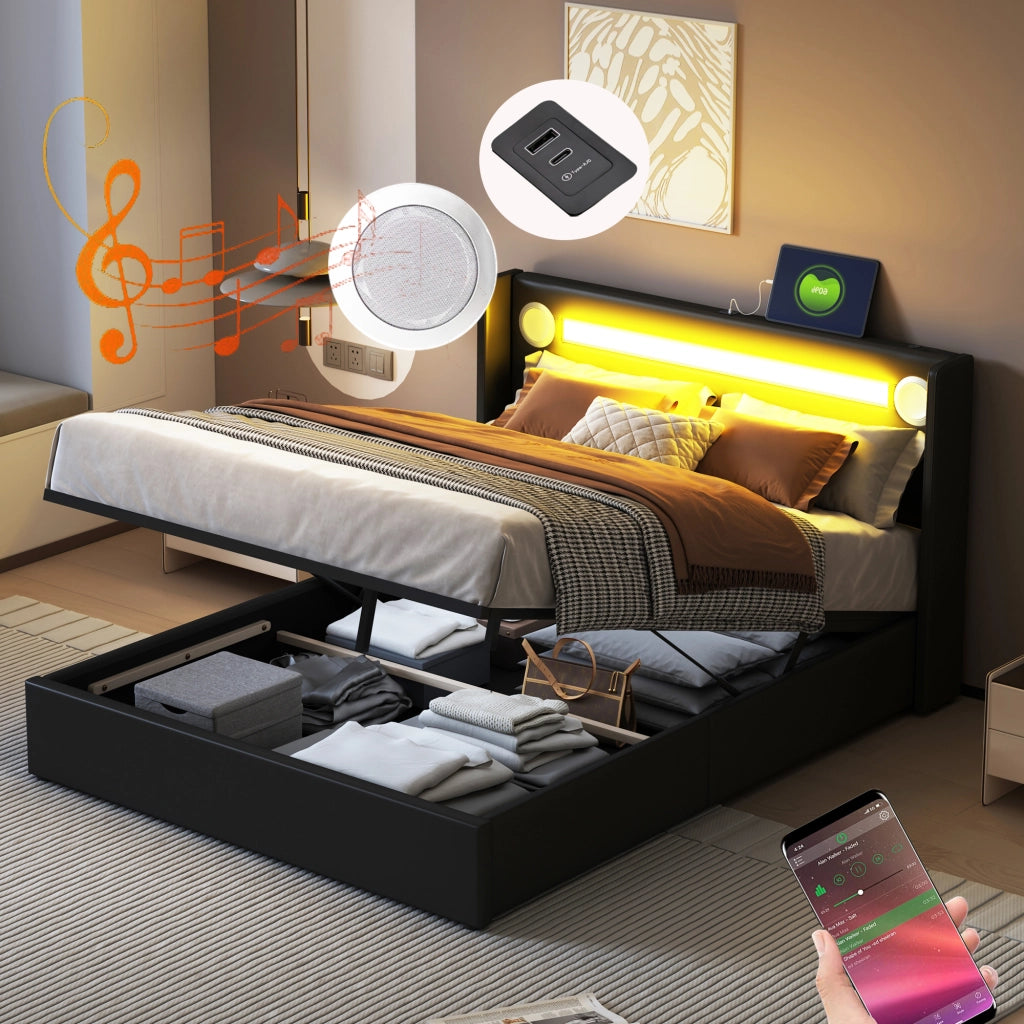 Letto imbottito nero con funzione LED bluetooth e ricarica USB in pelle sintetica 160x200 cm