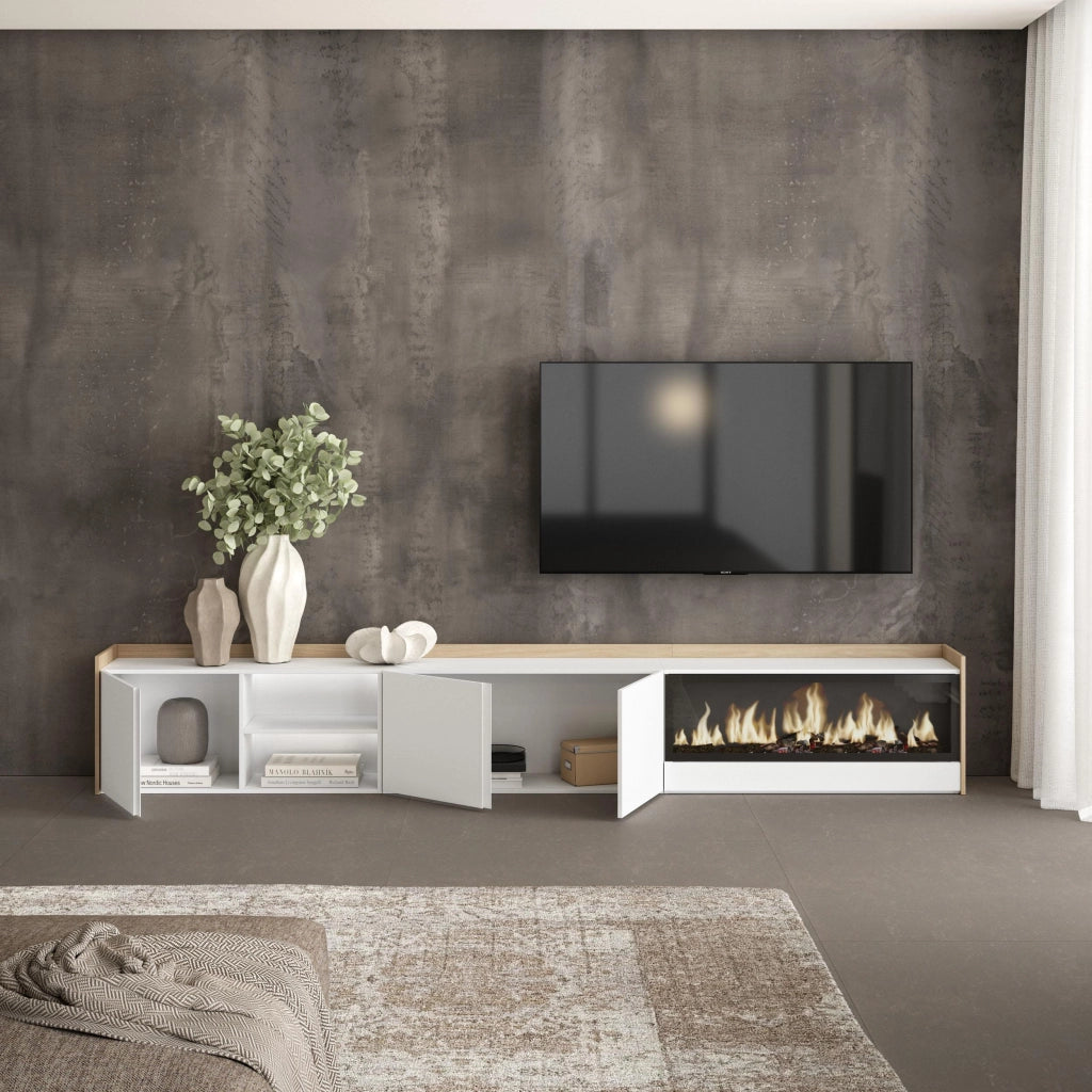 Mobile TV Soggiorno, 315x50x35 cm, Per TV fino a 80", Camino elettrico XXL, LED, Bianco e Rovere soft