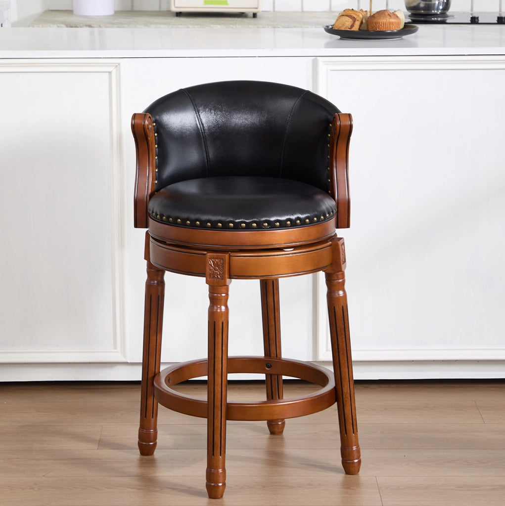 Sgabello da bar girevole a 360° in legno e vera pelle; altezza seduta 66 cm