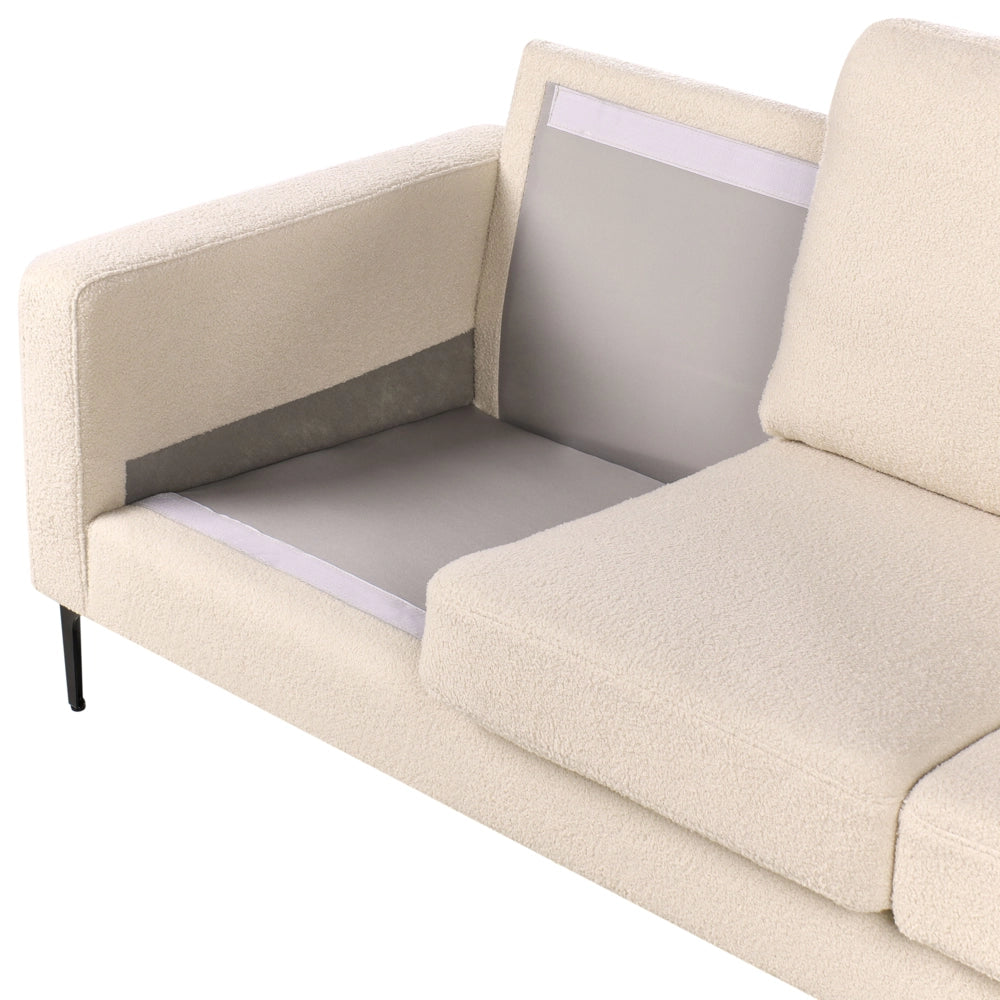 Divano a 3 posti in tessuto bouclè beige sedile imbottito e gambe in metallo con schienale e cuscini