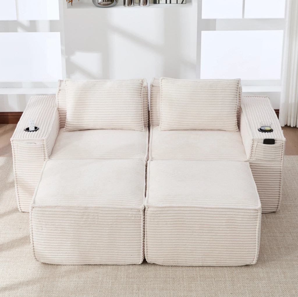 Divano modulare beige in velluto a coste con portabicchieri