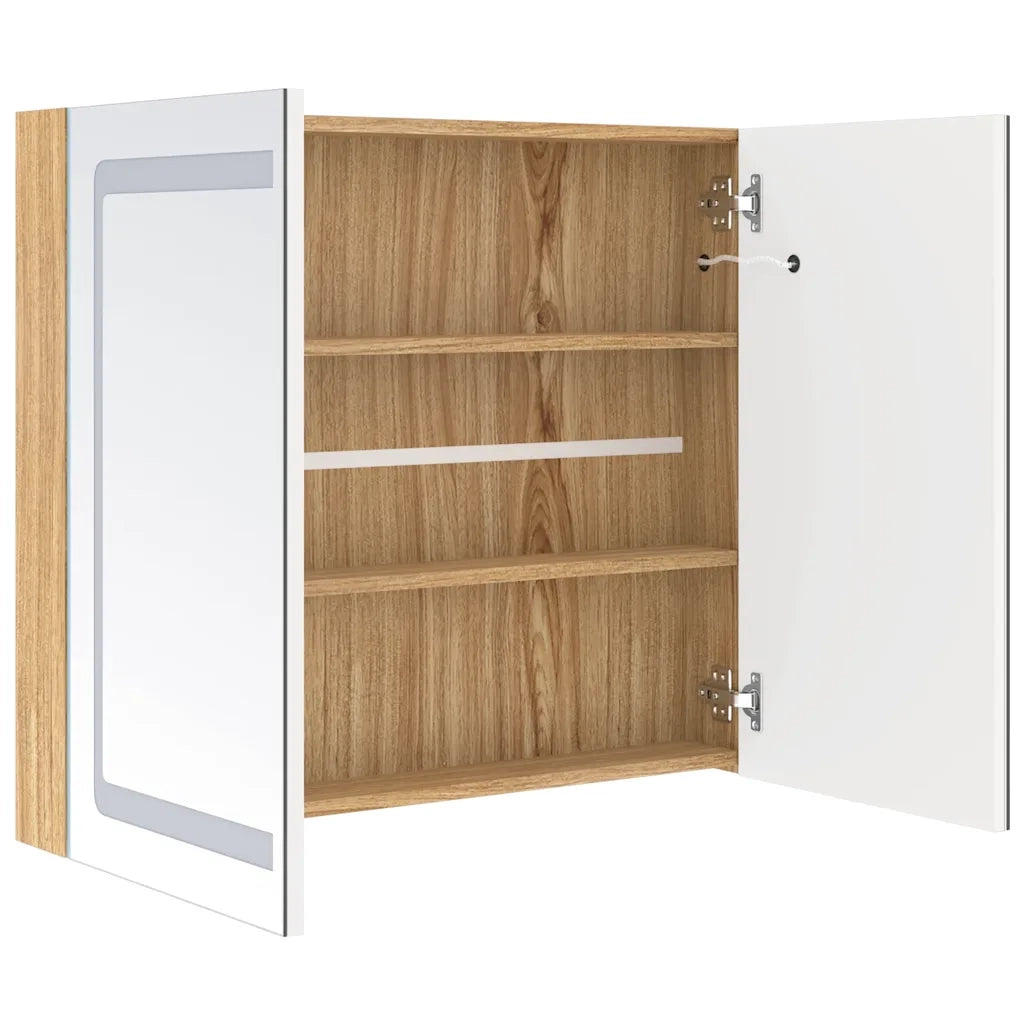 Armadietto Bagno | Armadio da bagno con Specchio e LED Bianco e Rovere 80x12x68 cm