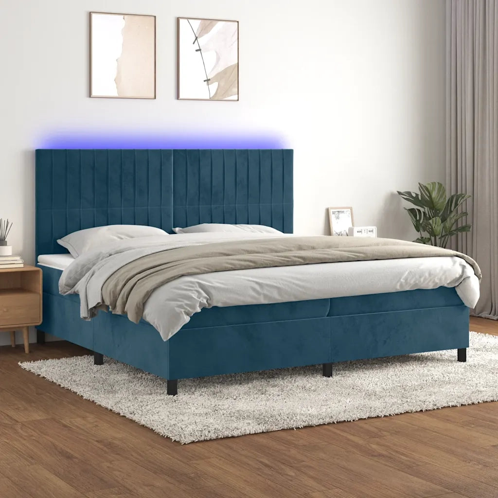 Letto a Molle con Materasso e LED Blu Scuro 200x200 cm