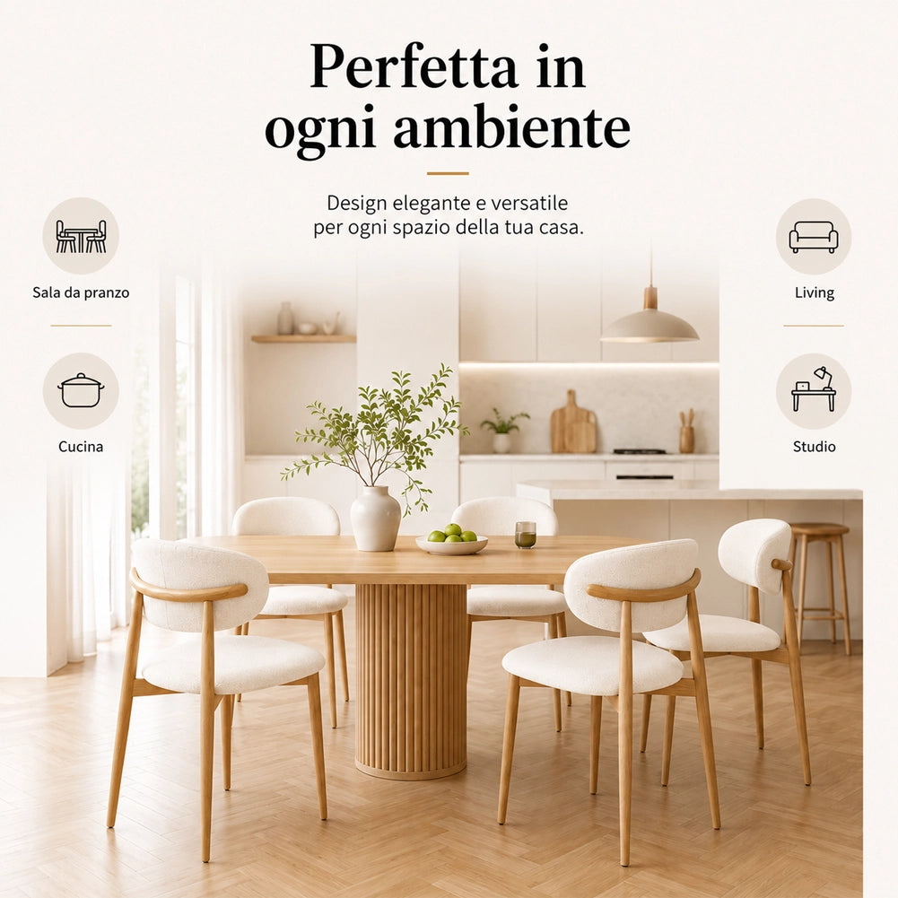 Set 4 Sedie da Pranzo con Gambe in Metallo Effetto Legno e Seduta Tessuto Beige
