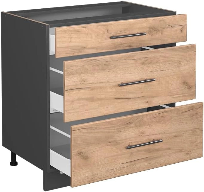 Mobiletto base per cucina Fame-Line, Quercia dorata, 80 cm con 3 cassetti, senza piano di lavoro, per la combinazione con altri moduli della serie Fame-Line