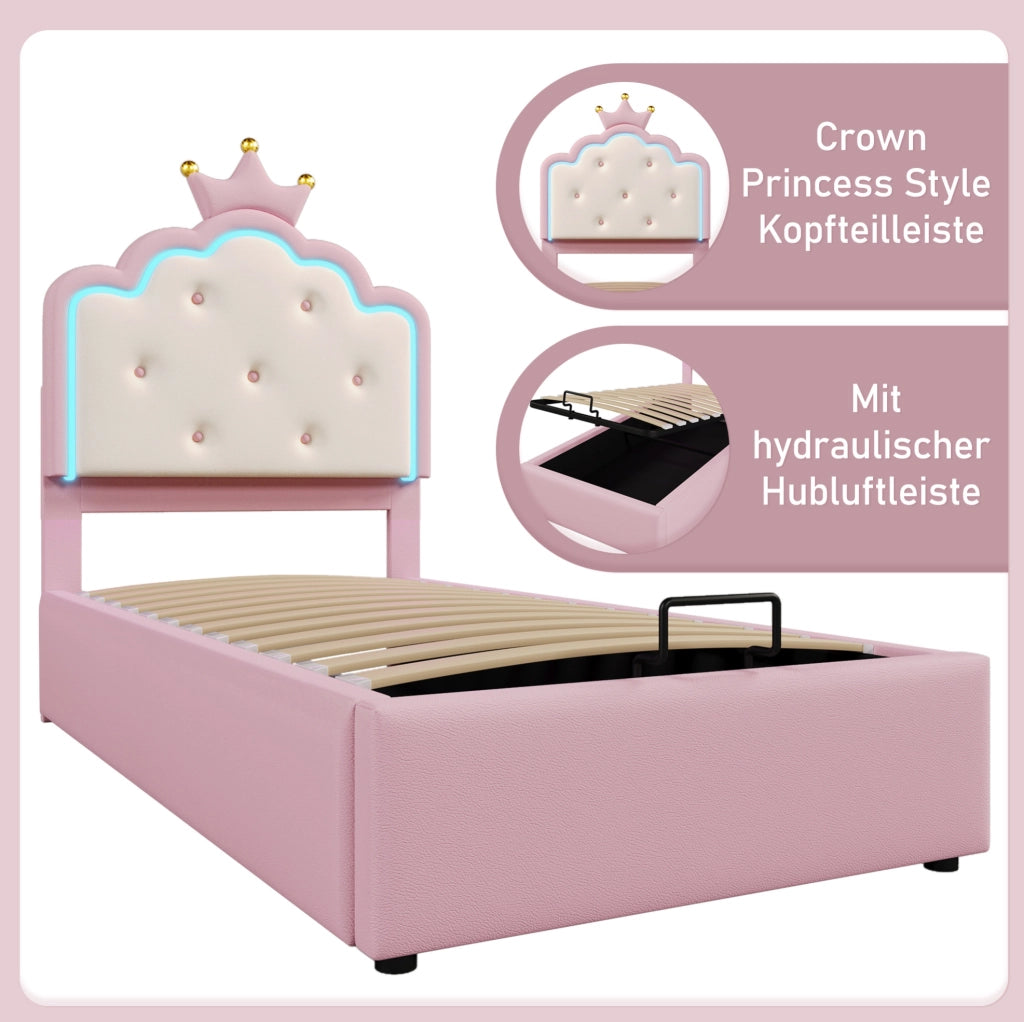 Letto imbottito rosa 90 x 200 cm con illuminazione LED e vano contenitore