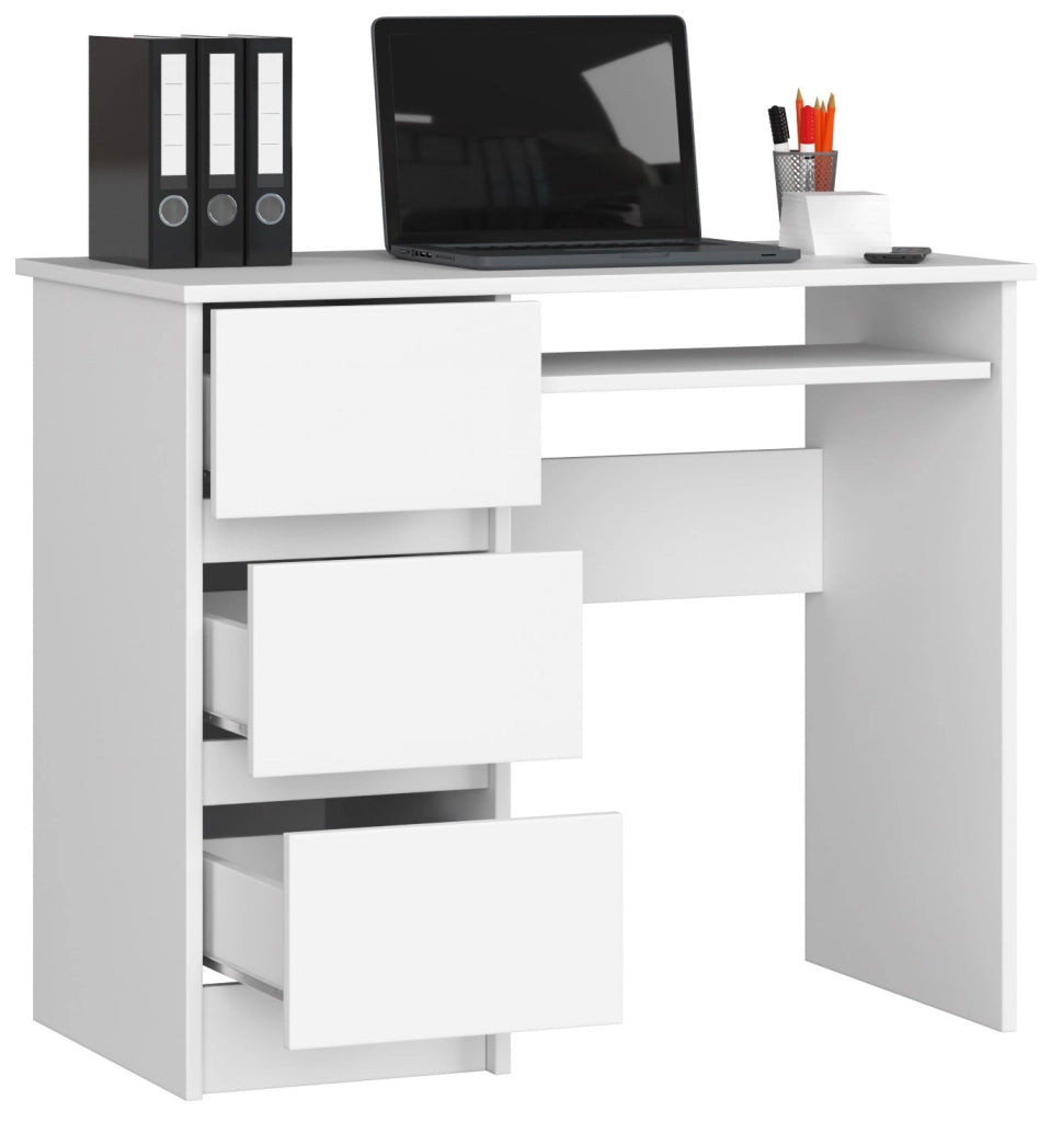 Scrivania per computer AKORD A6 Bianco 90 cm 3 cassetti 90x50x77 cm Modello a sinistra