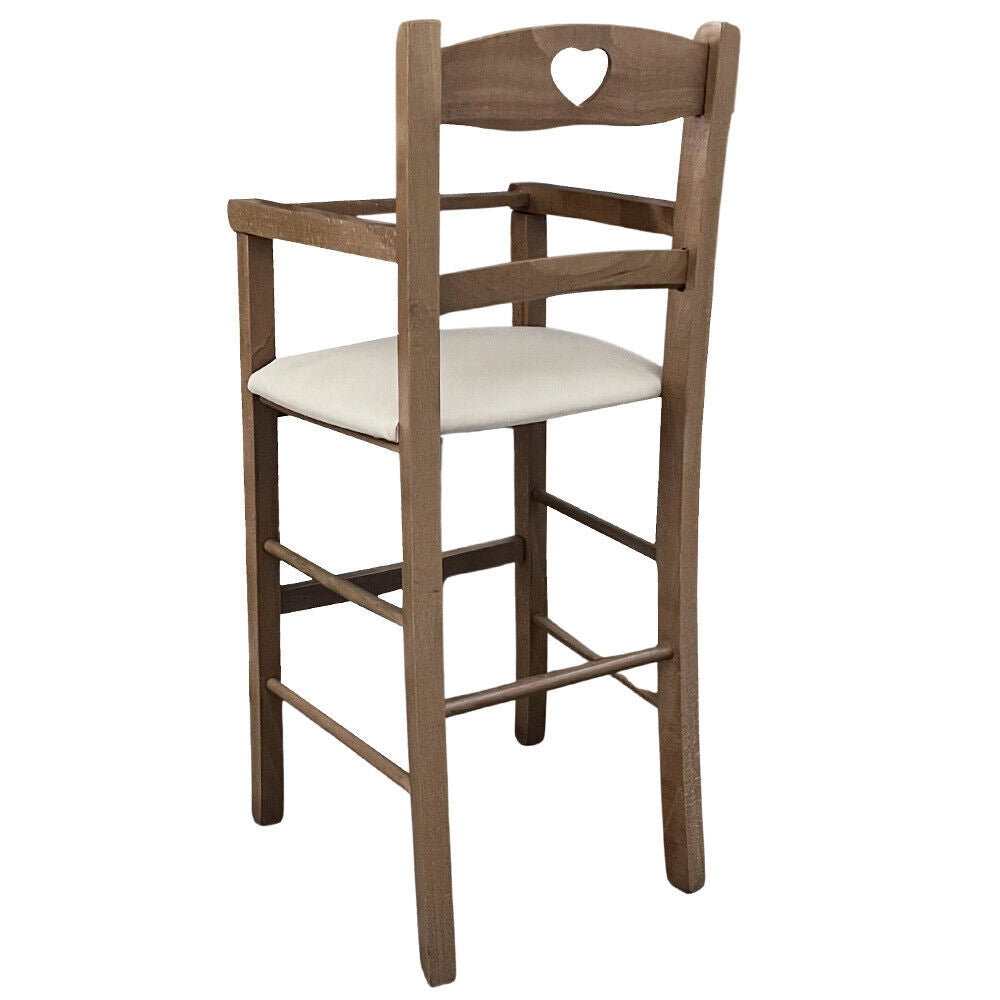 Seggiolone in legno color noce chiaro con seduta imbottita in similpelle beige
