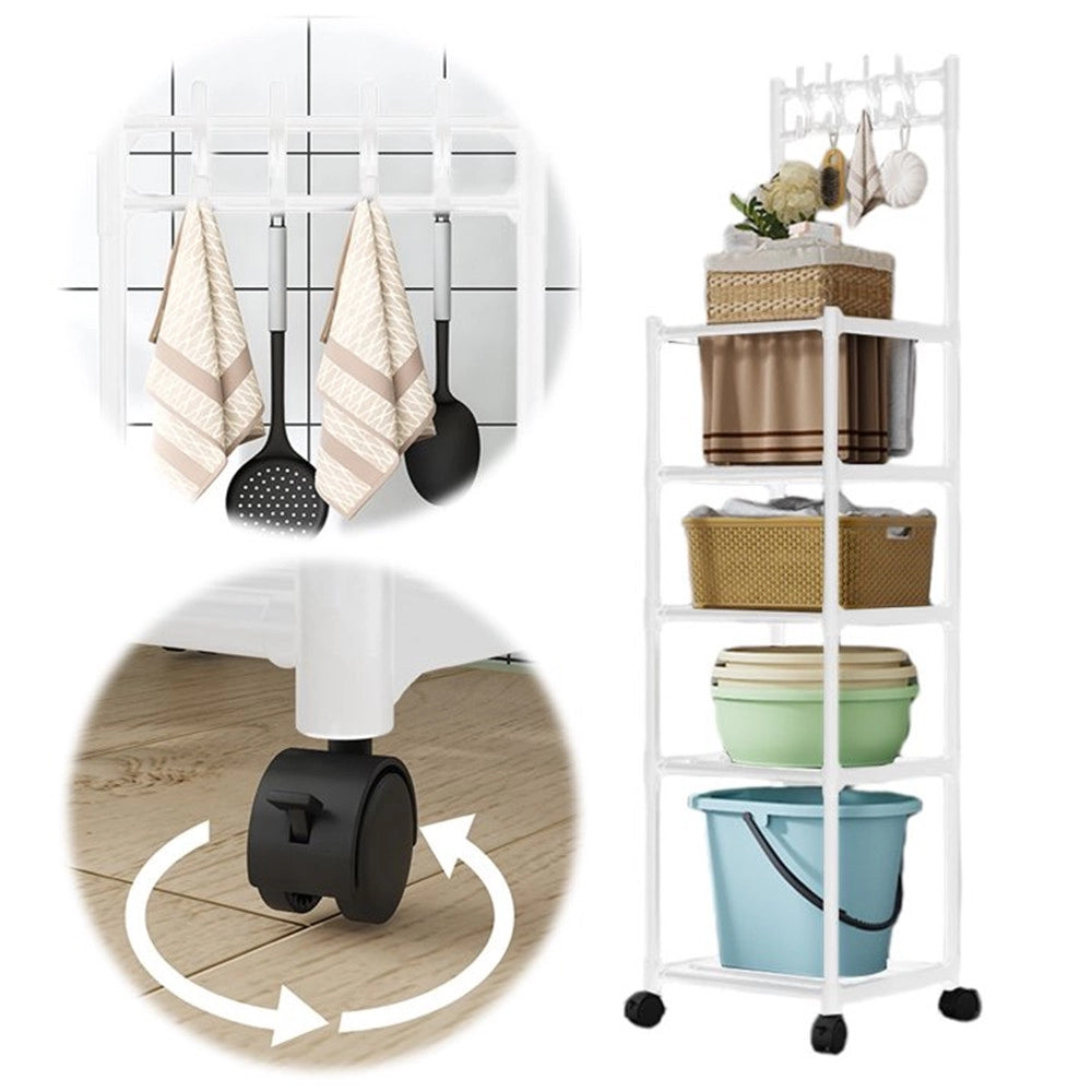 Trade Shop - Carrello Scaffale Portaoggetti Multiuso Da Cucina Bagno 5 Ripiani Con Ruote Ganci Bianco -