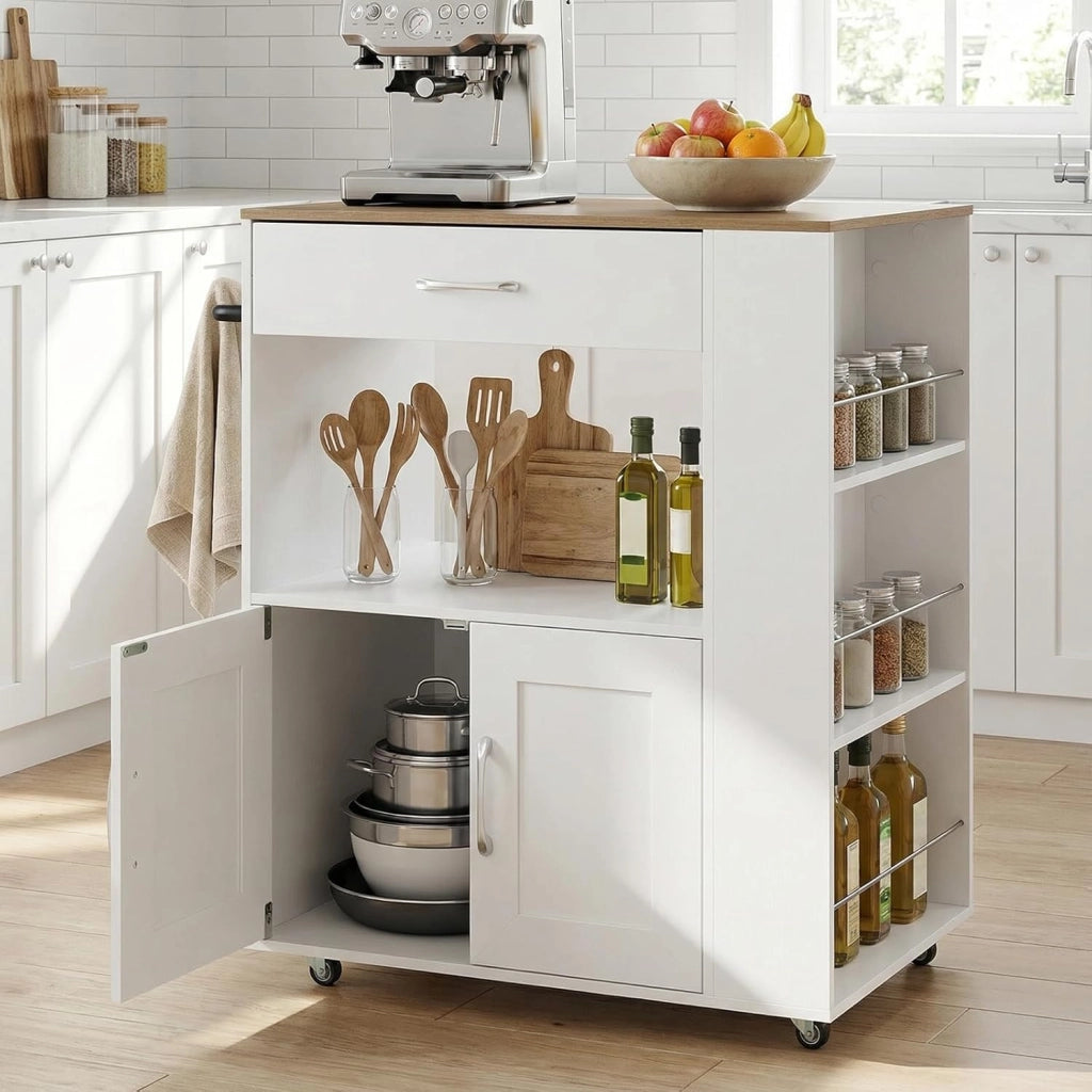 Carrello da Cucina Mobile su Ruote, Isola da Cucina con Piano di Lavoro, Struttura in Legno, Cassetto e 3 Ripiani