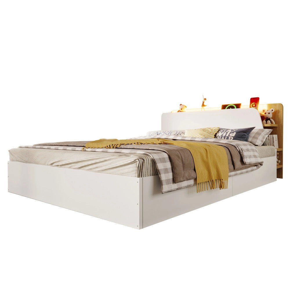 Letto Contenitore con LED e USB 140x200 ¨C Xylo ¨C Bianco e Rovere