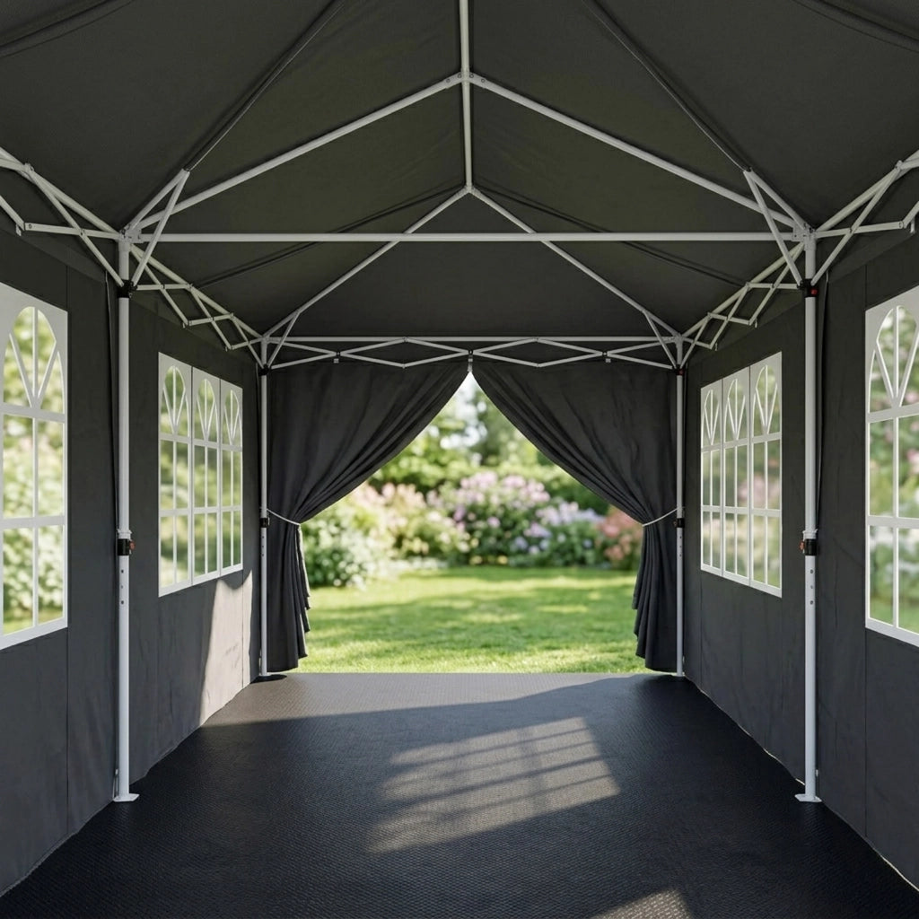 Gazebo Pieghevole Da Catering Con Pareti Laterali Finestre Trasparenti Porte Removibili E Struttura Pop Up Impermeabile Resistente Nero 3x6 Metri