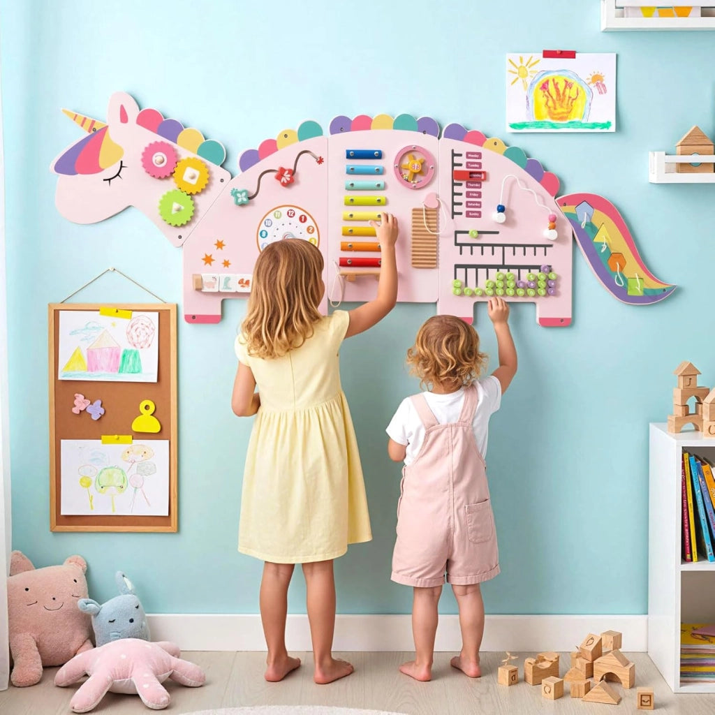 Pannelli da Parete con attività, Busy Board 11 in 1 Montessori in Legno per Sviluppo Sensoriale, Centro di attività Educativo Montato a Parete per Stanza Giochi, Asilo Nido (Unicorno)