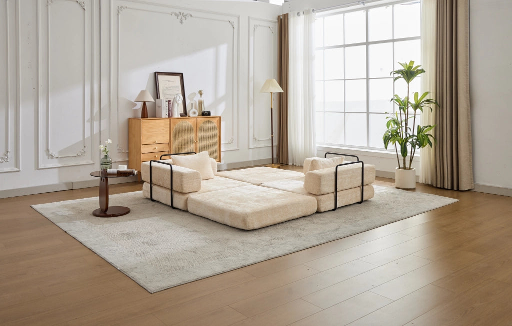 Divano letto modulare pieghevole senza montaggio in ciniglia beige per salotto camera ufficio e sala giochi