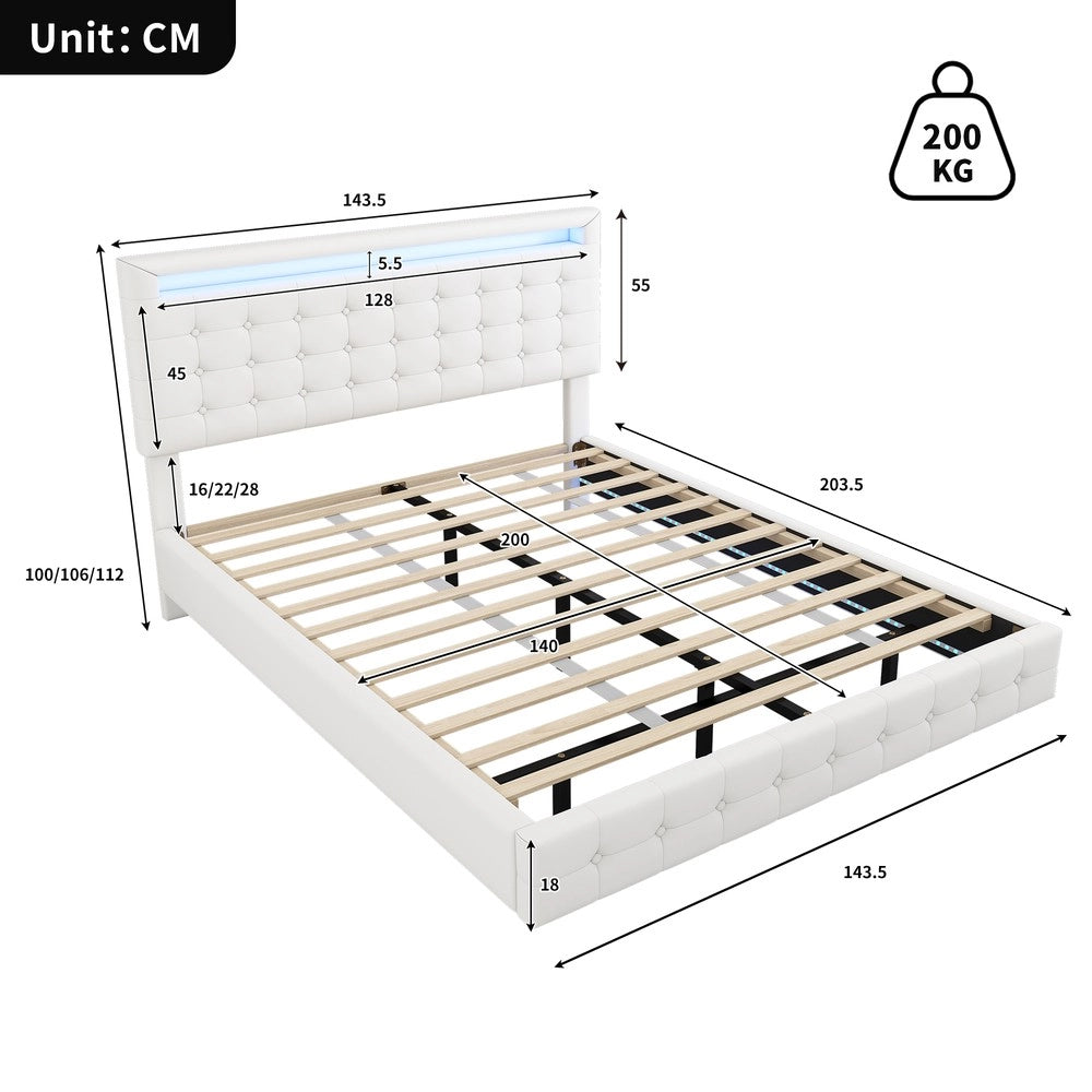 Letto Imbottito con LED e Testiera Regolabile ¨C Xylo ¨C 140x200 cm, PU, Bianco
