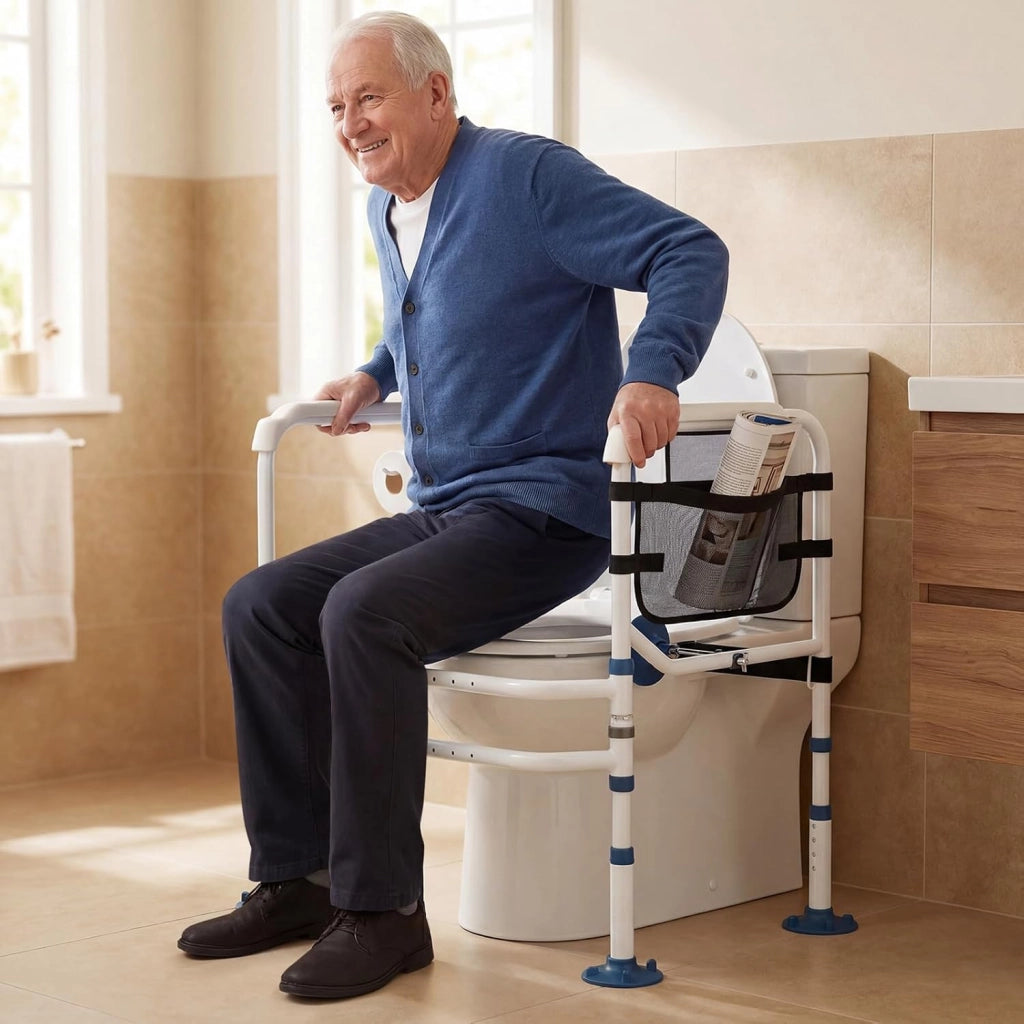 Supporto per WC per Anziani Portata 136 kg, Barra Bagno con Portarotolo e Tasca, Altezza e Lunghezza Regolabili, Corrimano di Sicurezza per WC per Disabili e Donne in Gravidanza