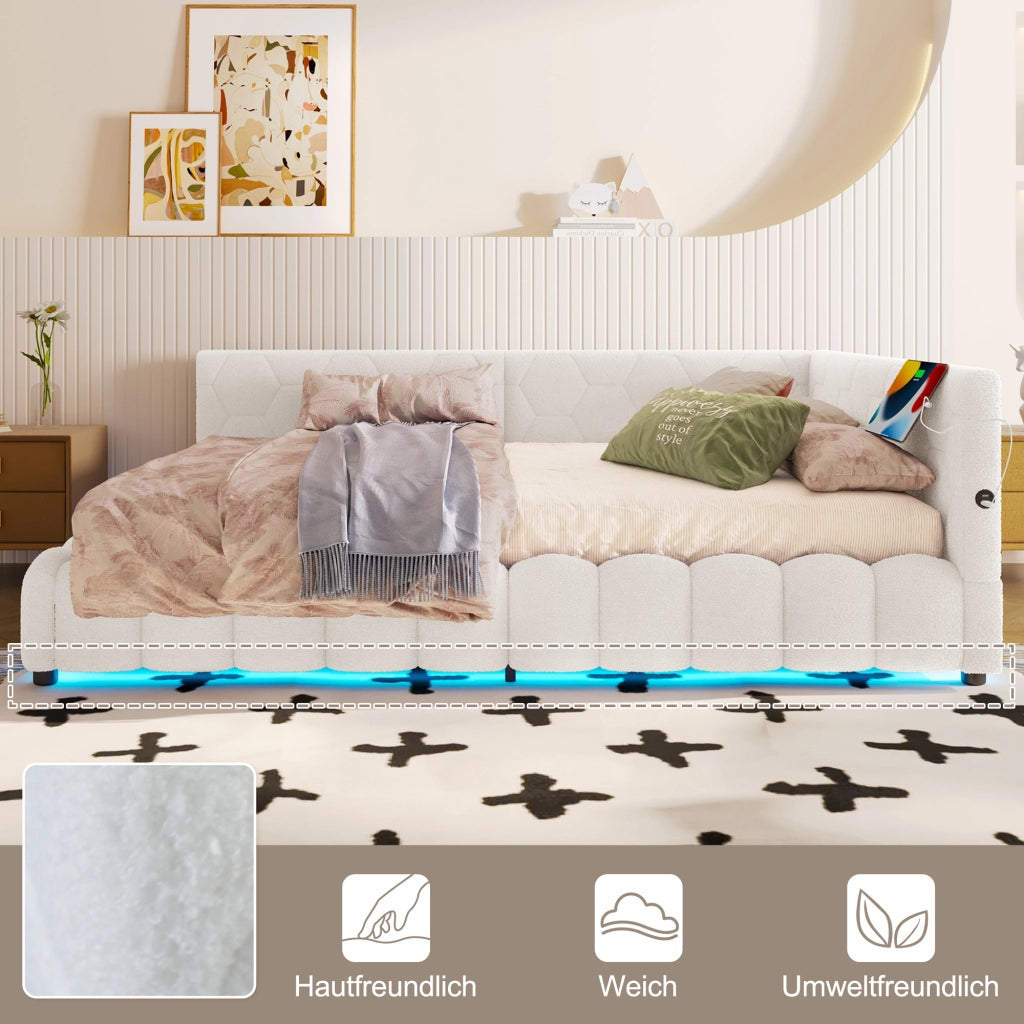Letto a Divanetto 140x200 cm; Contenitore; USB; Type C e LED; in Vliesimitat; Bianco
