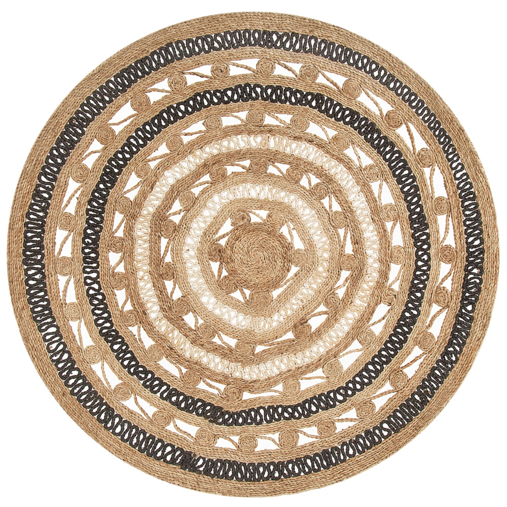 Tappeto Beige con Intrecciato Nero Boho Rustico Camera da Letto Soggiorno Salotto 140 cm
