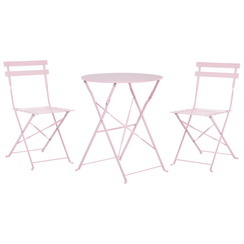 Set da bistrot da 3 pezzi in metallo di colore rosa pastello con schienale a doghe pieghevole all'aperto