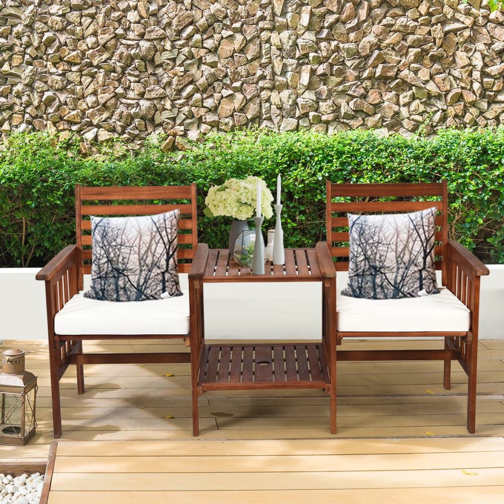Set di sedie e tavolo in legno di acacia per esterni con foro per ombrello da 5cm, Set di mobili a 2 posti Bianco-Set mobili da esterno