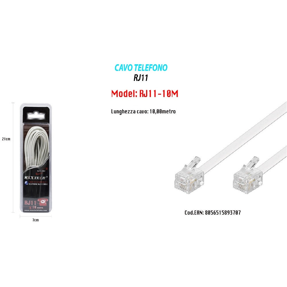 Trade Shop - Cavo Prolunga Telefonica Rj11 10mt Maxtech Rj11-10m Collegamento Modem Telefonico -