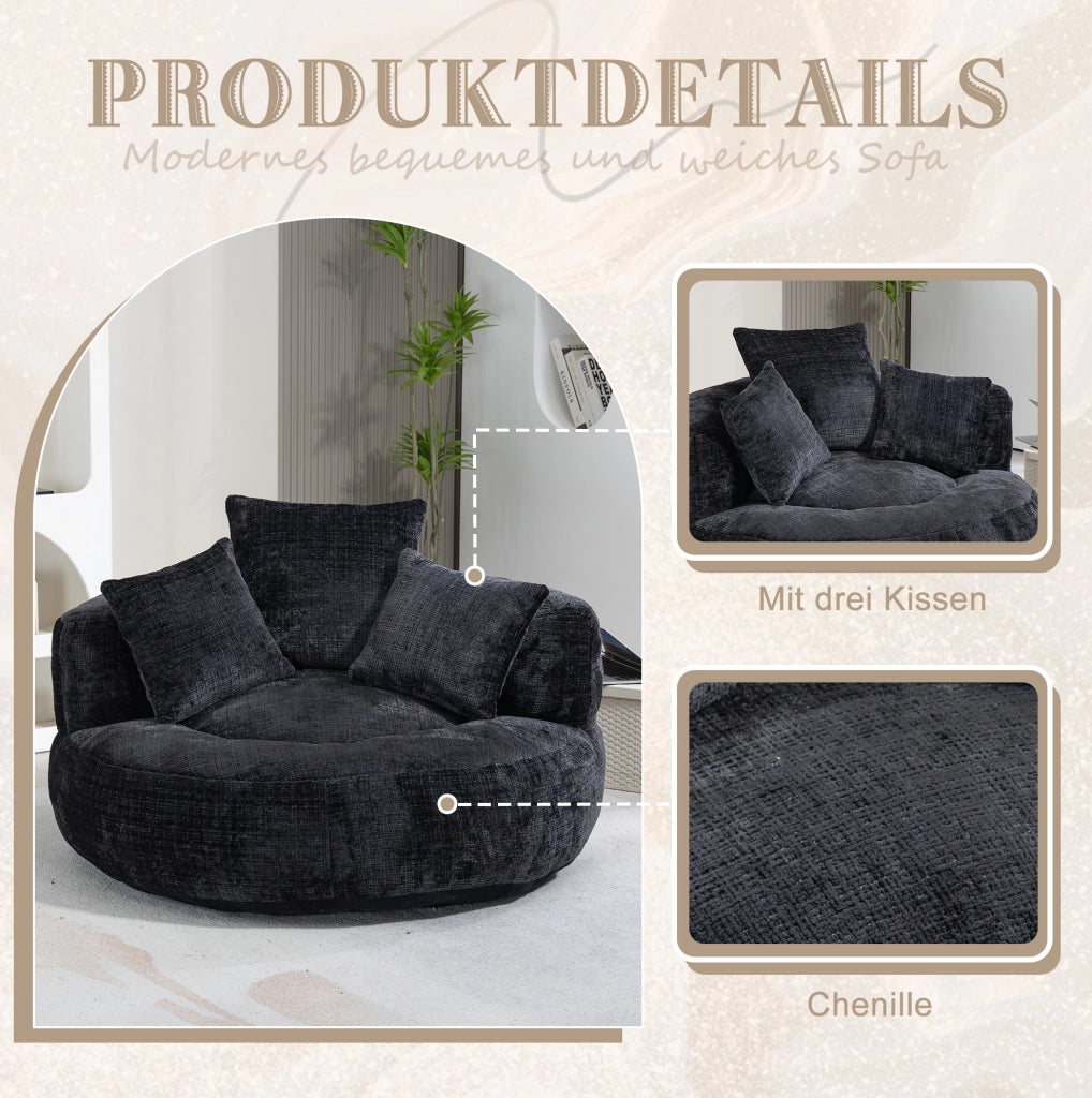 Poltrona sacco relax in ciniglia nera 108x108x52 cm con schienale alto e braccioli