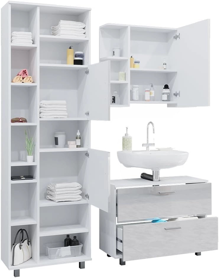 Set di mobili da bagno Ilias, Bianco lucido, 80.2 cm, composto da mobile sottolavabo, specchiera e colonna alta
