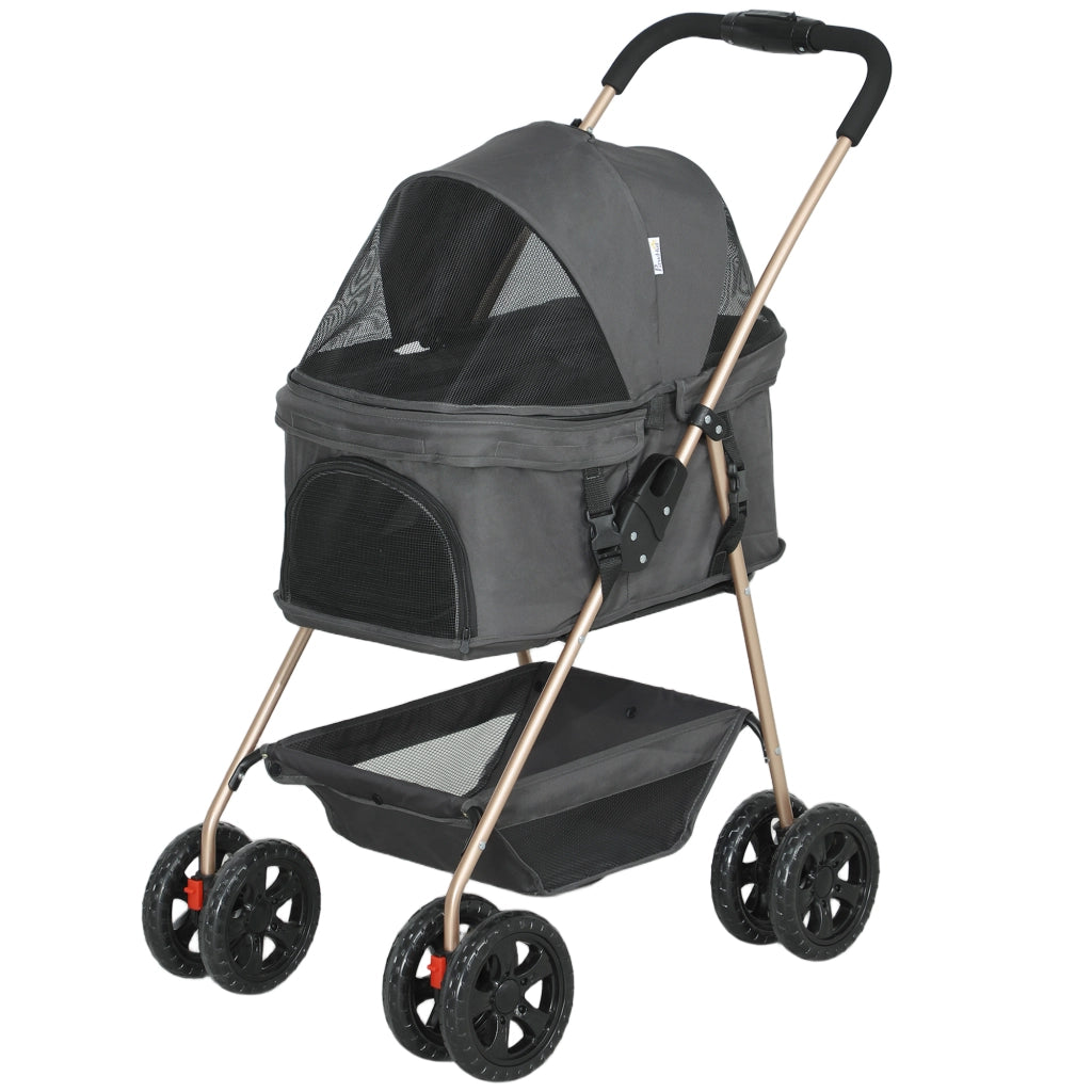 Passeggino per Cani 3 in 1 Pieghevole con Borsa Trasportino e Cestino Inferiore, Grigio
