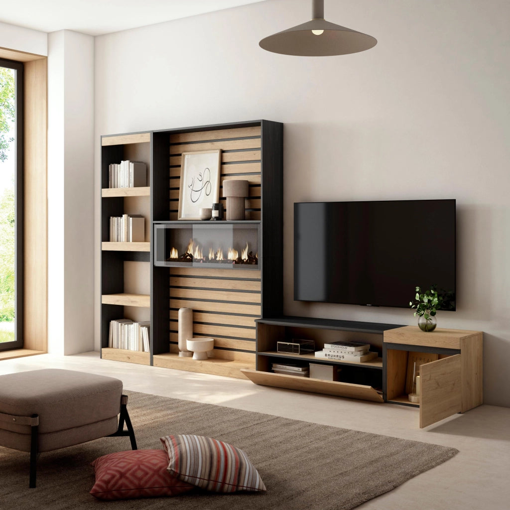 Mobile TV, Soggiorno, 320x35x186cm, Camino elettrico, colore Rovere e nero RF2598