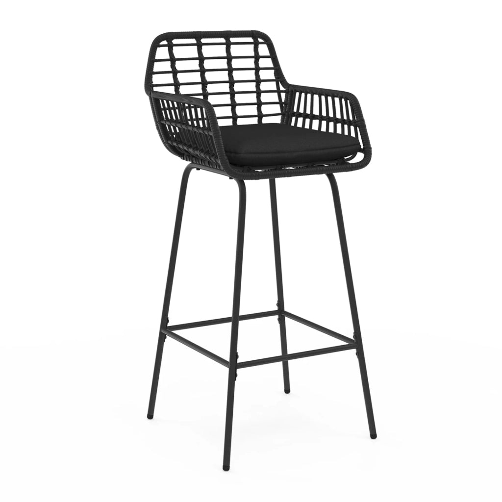 IDMarket - Set di 2 sgabelli da bar SUMMER con braccioli effetto rattan nero e gambe in metallo nero