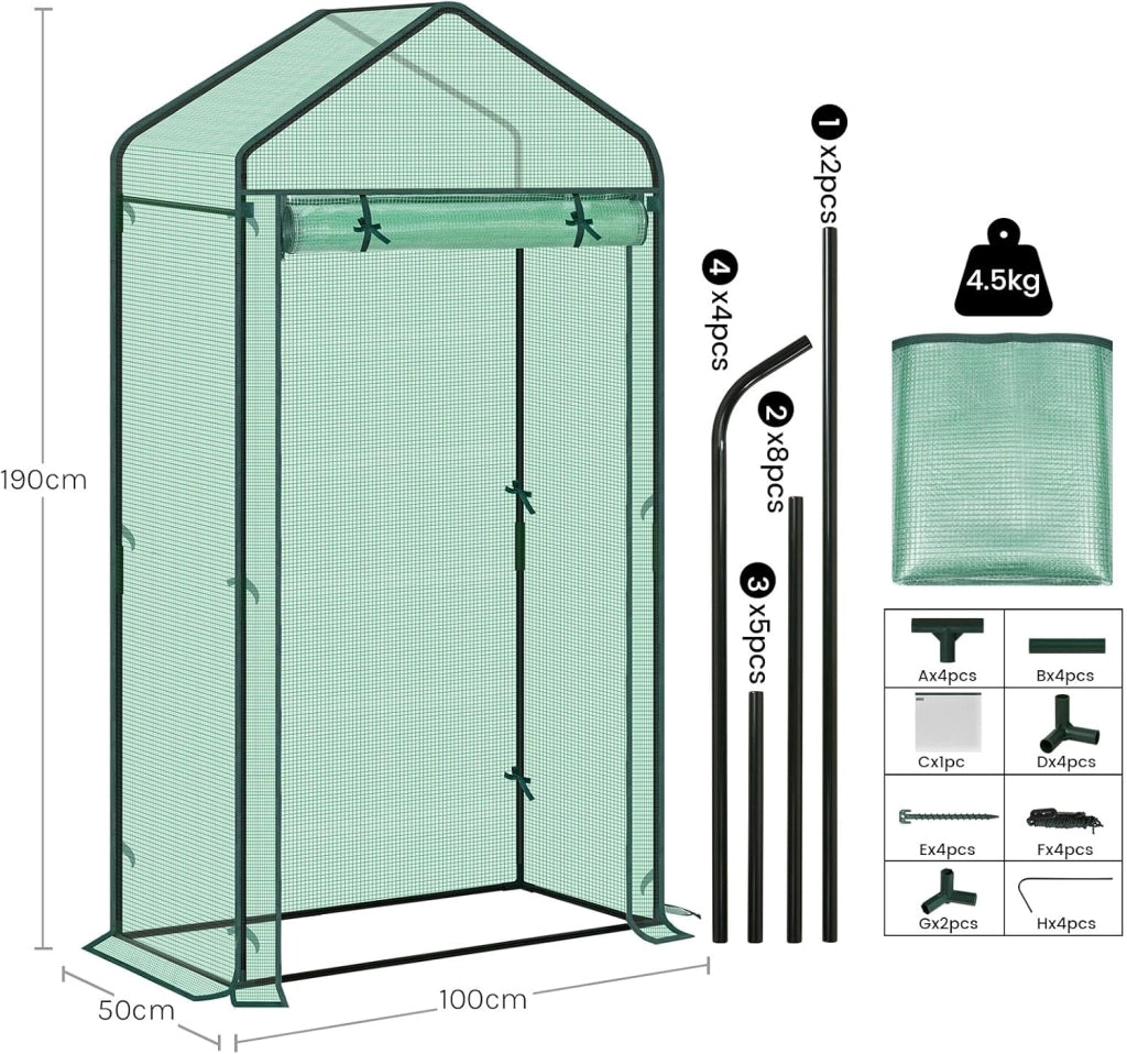 Serra da Giardino con Porte Avvolgibili, Serra da Balcone, Telo in Rete PE 140 g/m², per Piante Idrorepellente, 4 Picchetti, 100x50x190 cm, Verde