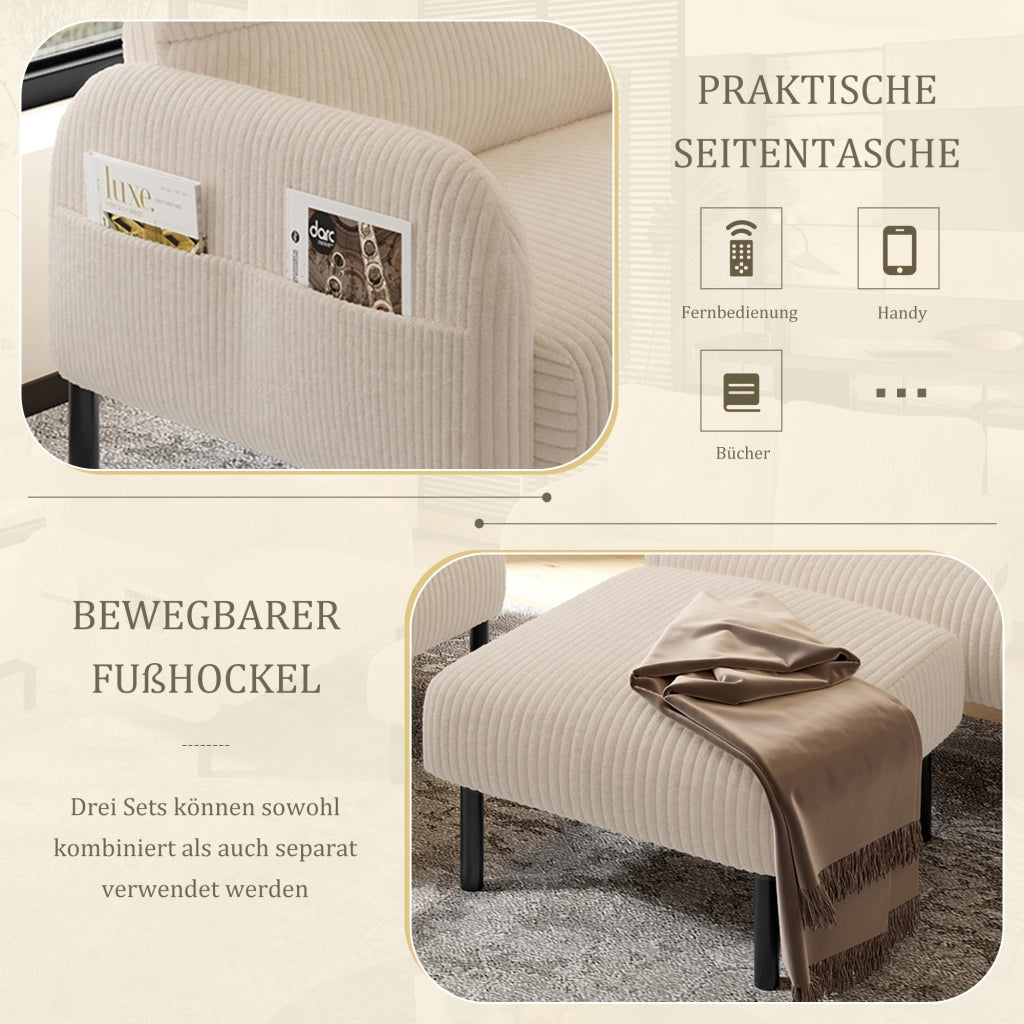 Set di Mobili da Soggiorno con Divano 2 Posti; Poltrona e Pouf Poggiapiedi; con Tasca Laterale; Velluto a Coste; Beige