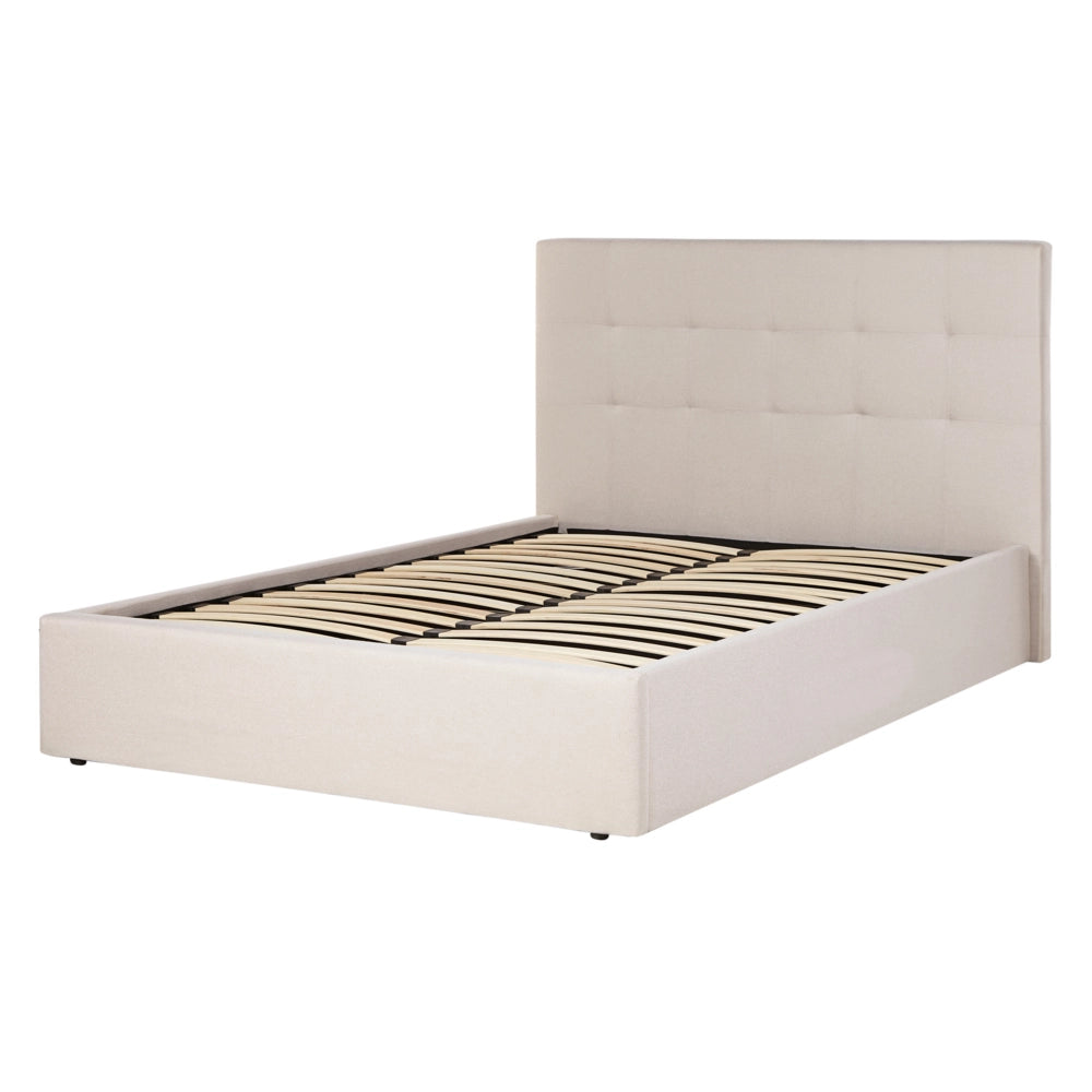 Letto matrimoniale con contenitore portaoggetti e testiera imbottita 140x200 cm in tessuto di poliestere stile moderno