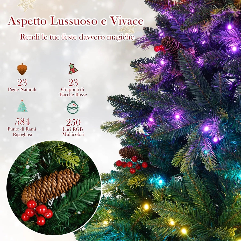 Albero di Natale Artificiale 150 cm, con 250 Luci RGB Multicolori Controllabili tramite APP, 584 Rami in PE & PVC, 23 Pigne e 23 Bacche Rosse e Controllo Remoto (150 cm)