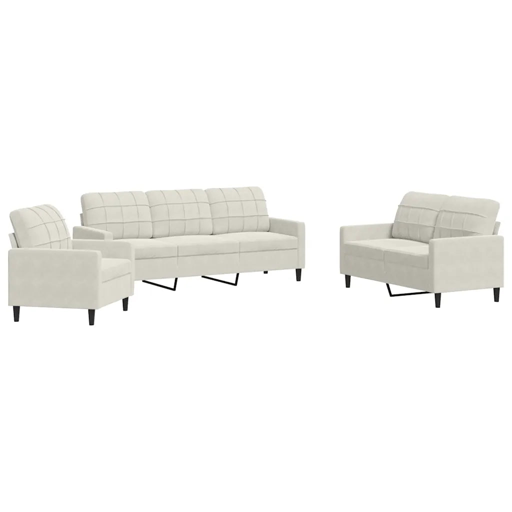 Set di Divani 3 pz con Cuscini Crema in Velluto