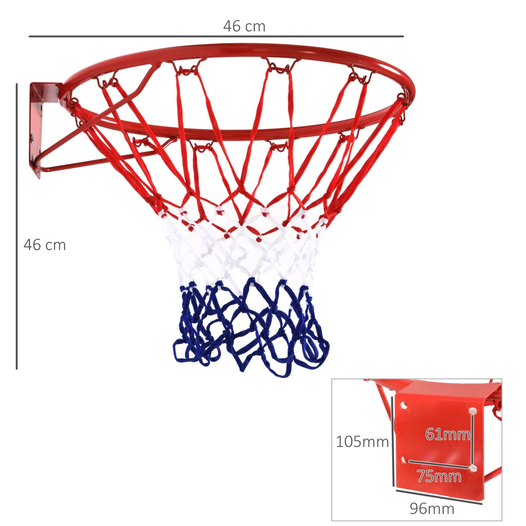 Canestro da basket con rete, 46 cm, tubo in acciaio e nylon, rosso, blu, bianco, ideale per giardino e tempo libero