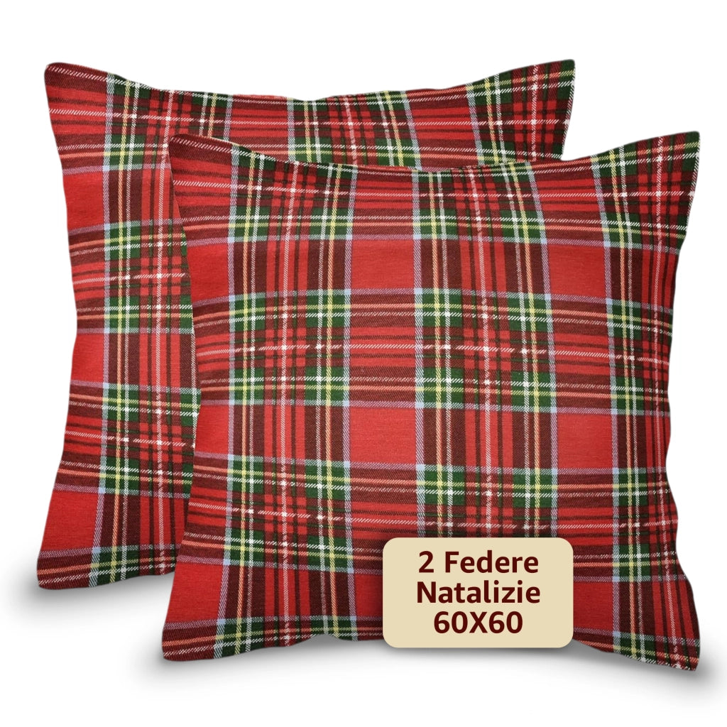 SONIT - Federe Natalizie per Cuscini Divano - Copricuscini Per Divano Salotto e Camera - 2 Pezzi - Copri Cuscino Made In Italy - Federe Cuscini Tartan Natalizio Misura: 60X60